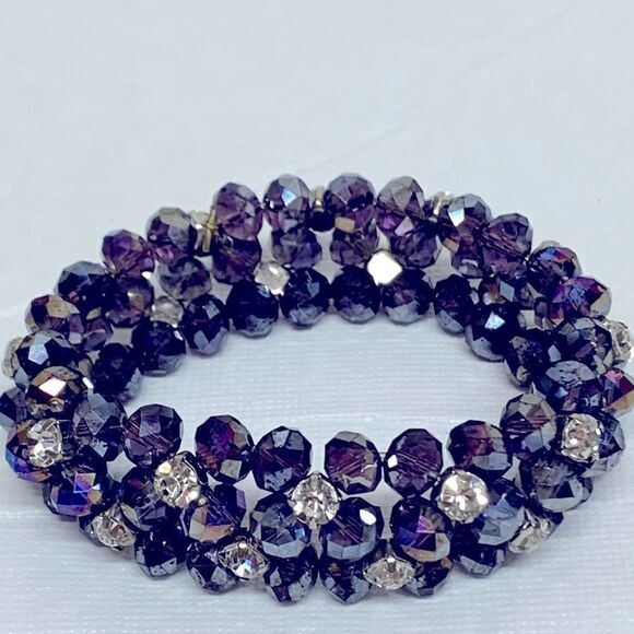 Vintage Shimmering Aurora Borealis Beads & Rhinestones Bracelet Purple OSFA - Picture 5 of 6
